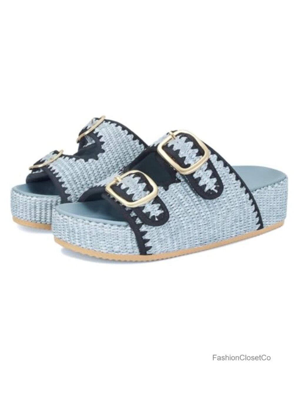 Woven Raffia Platform Sandals with Arch Support, Double Buckle Straps,